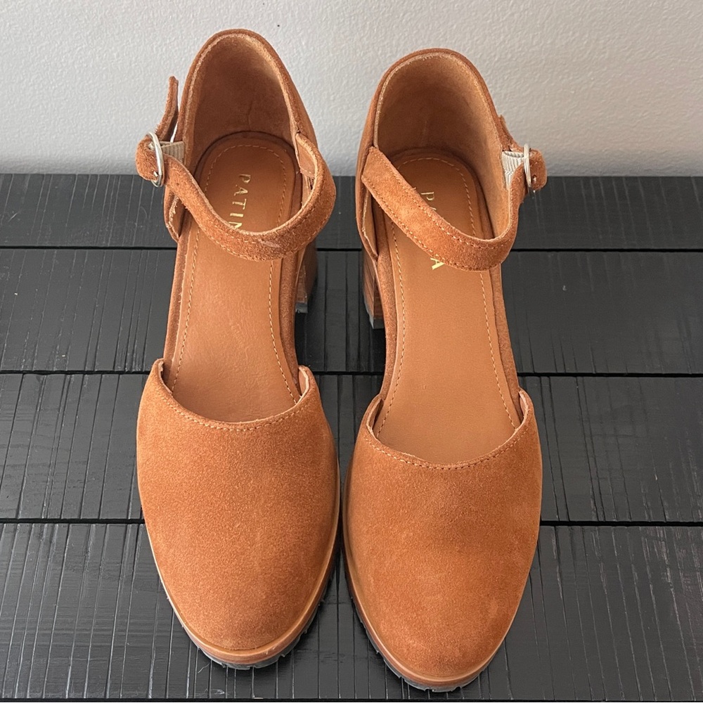 Portland Leather Patina Tan Suede Block Heel Shoes Size 8.5 - Picture 2 of 6